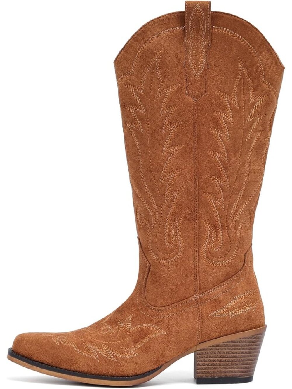 Women Brown Pull-On Western Mid-Calf Cowboy Snip Toe Chunky Block Heel - Picture 5 of 6